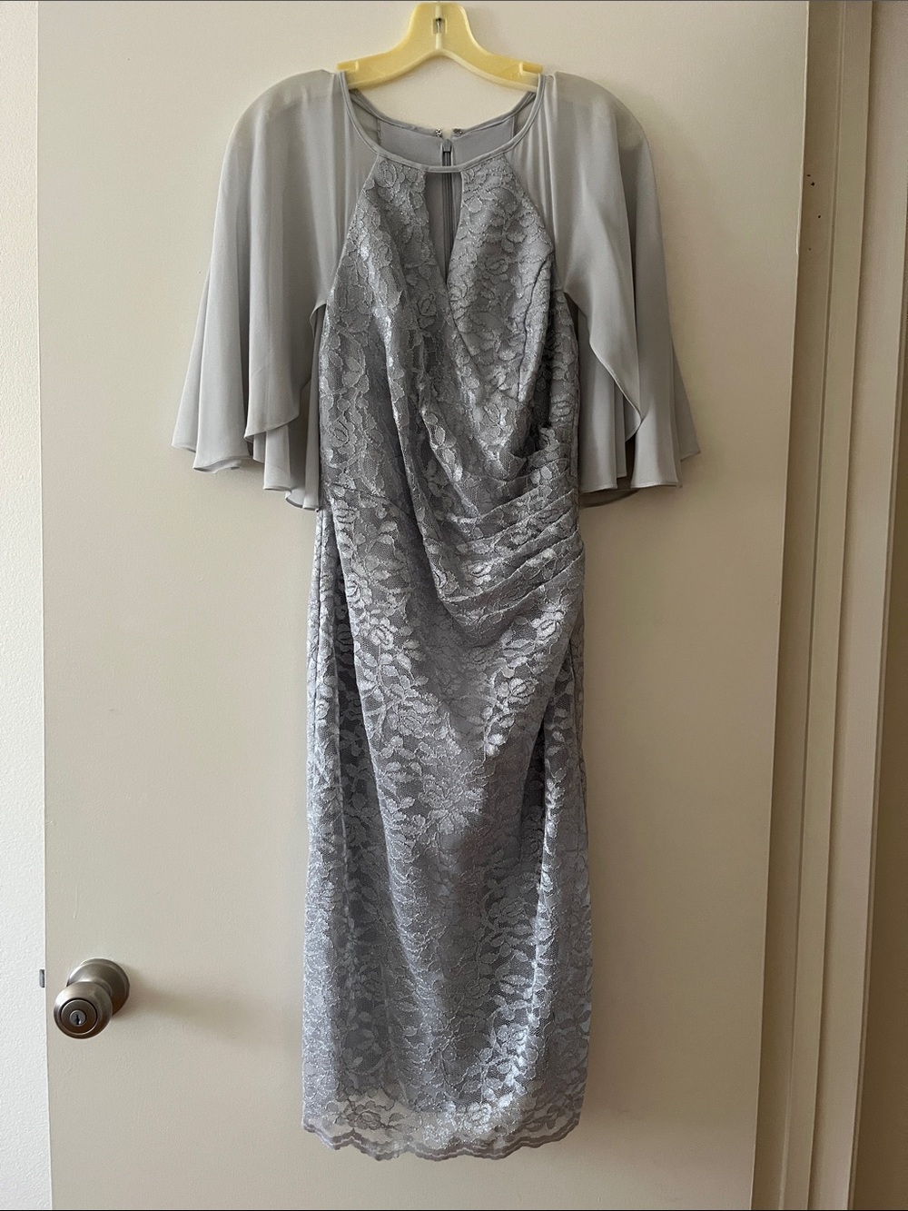 Oleg Cassini Silver Lace Midi Dress with Cape Overlay